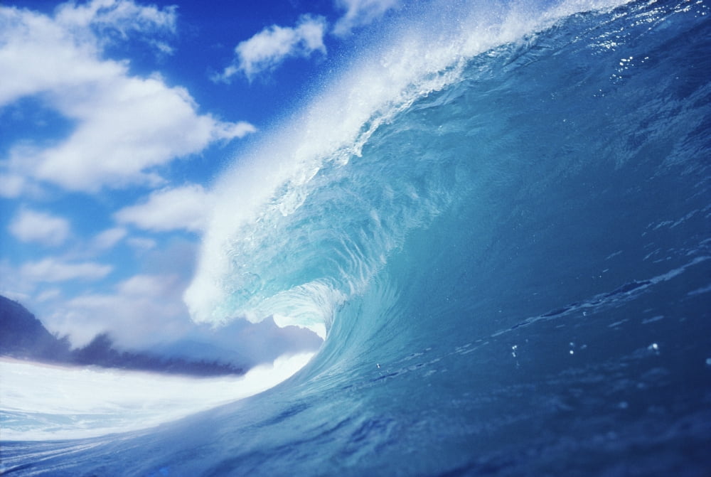 Side View Of Blue Curling Wave Background Blurred By Mist Canvas Art - Vince Cavataio Design Pics (19 x 12)
