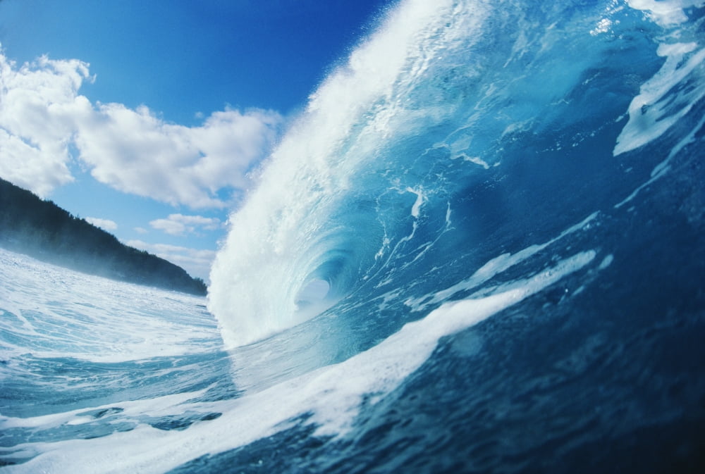 Side View Of Blue Curling Wave Canvas Art - Liysa Swart Design Pics (40 x 26)