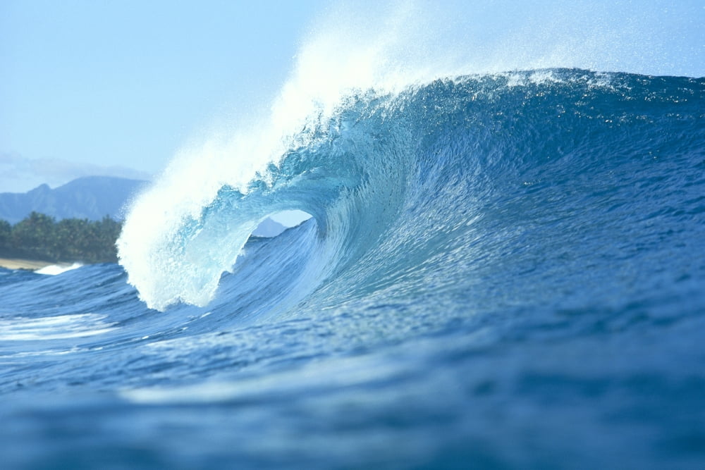 Side View Of Large Wave With Curl Breaks Toward Shoreline Spray Off Tips C1756 Canvas Art - Vince Cavataio Design Pics (38 x 24)