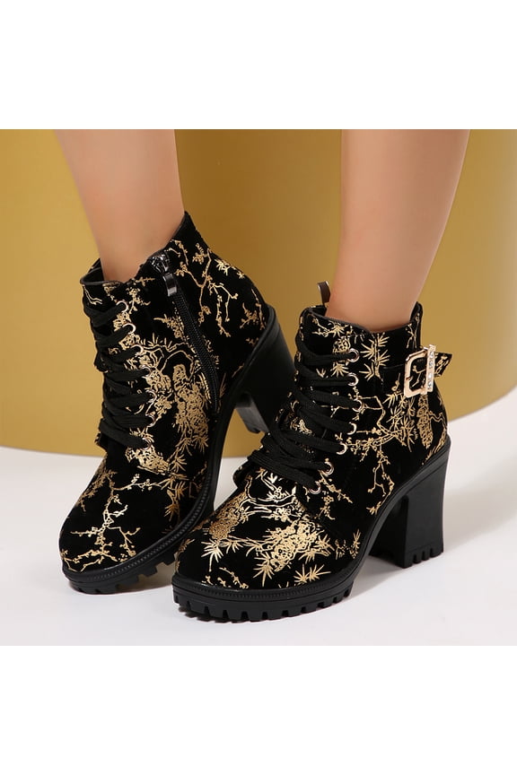 Side Zip Ankle Boots,Chunky Party Booties,Gothic Short Boots,Women Leopard Print Platform Ankle Boots Chunky High Heel Side Zip Booties Gothic Party Short Boots,Gold 8.5