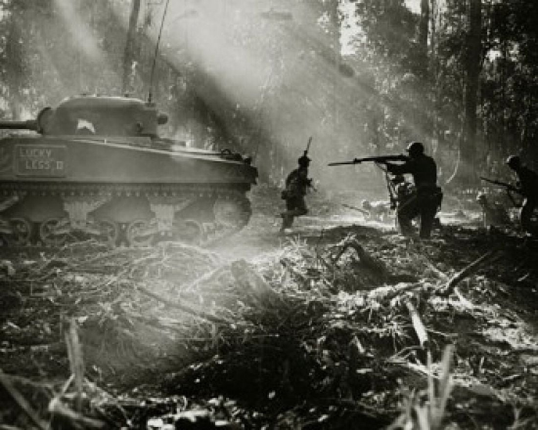 Side profile of army soldiers with a military tank in a forest Battle of Bougainville US Military Bougainville Island World War II Canvas Art - (18 x 24)
