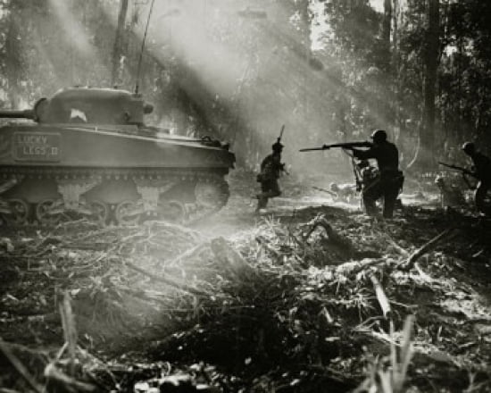 Side profile of army soldiers with a military tank in a forest Battle of Bougainville US Military Bougainville Island World War II Canvas Art -  (24 x 36)