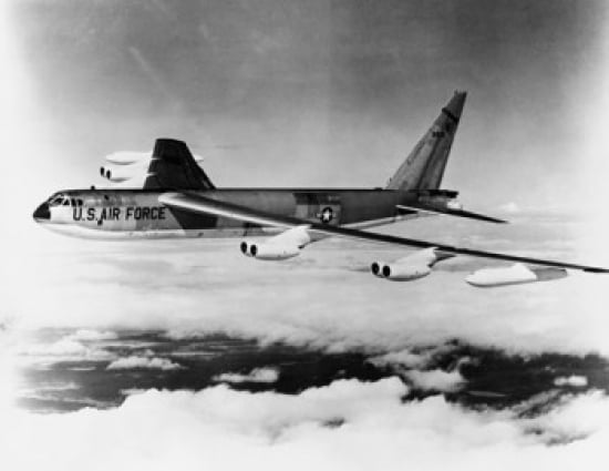 Side profile of a bomber plane in flight B-52 Stratofortress US Air Force Canvas Art - (18 x 24)