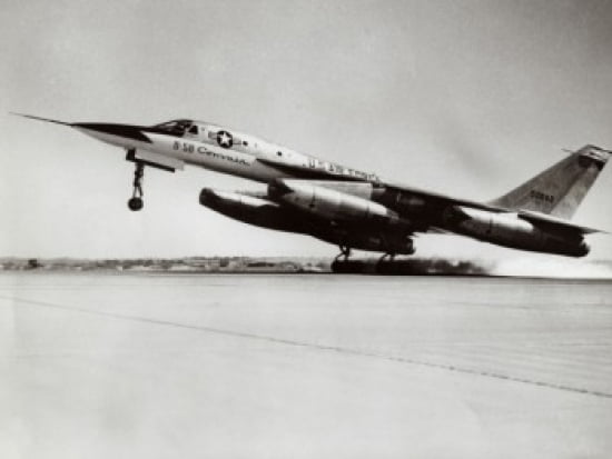 Side profile of a bomber plane taking off B-58 Hustler Canvas Art - (18 x 24)