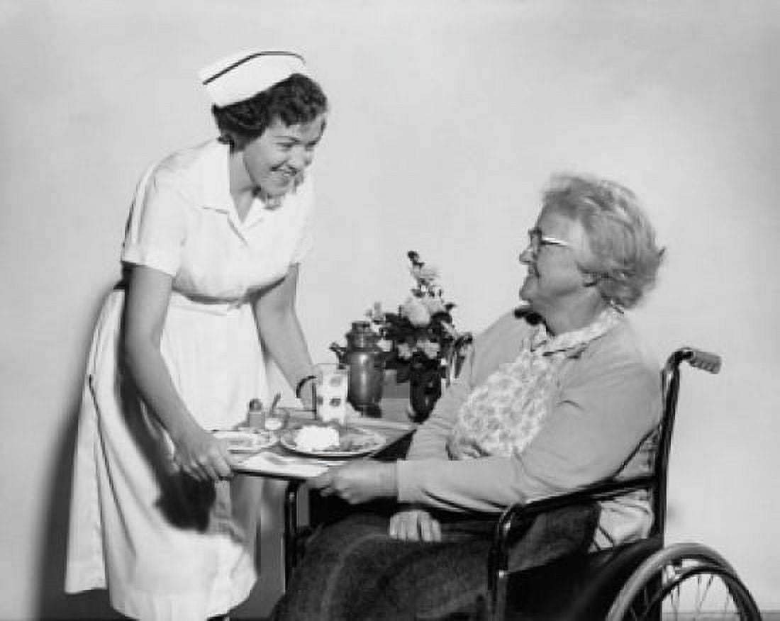 Side profile of a female nurse serving food to a senior woman sitting in a wheelchair Canvas Art - (18 x 24)