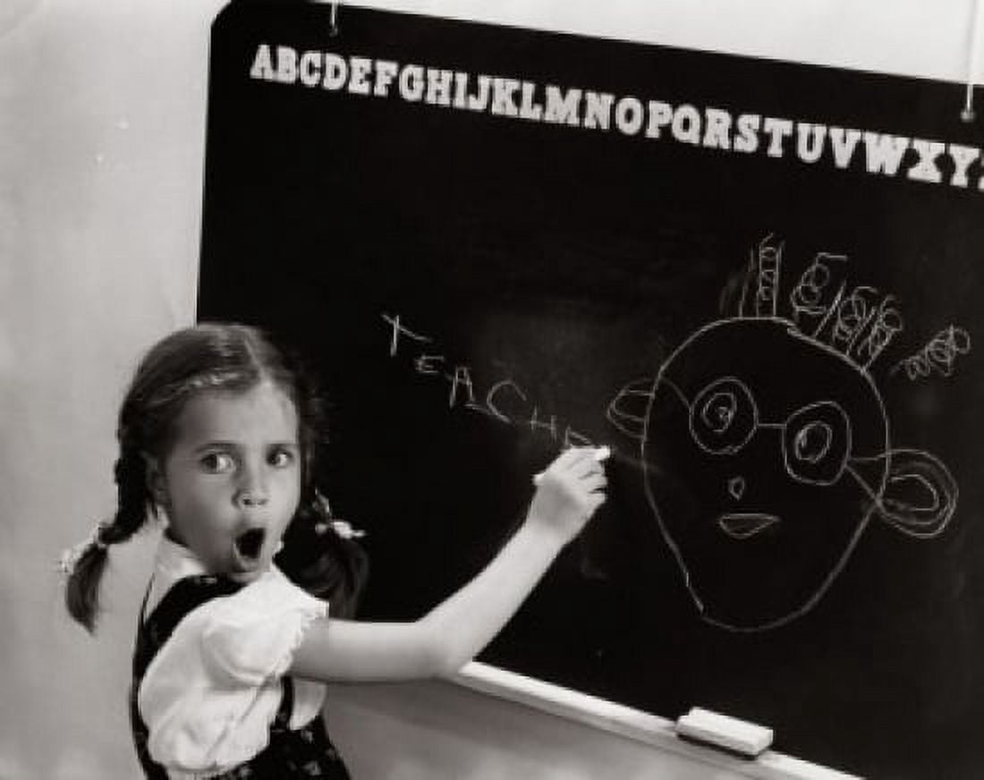 Side profile of a girl drawing a cartoon of her teacher on the blackboard Canvas Art - (18 x 24)