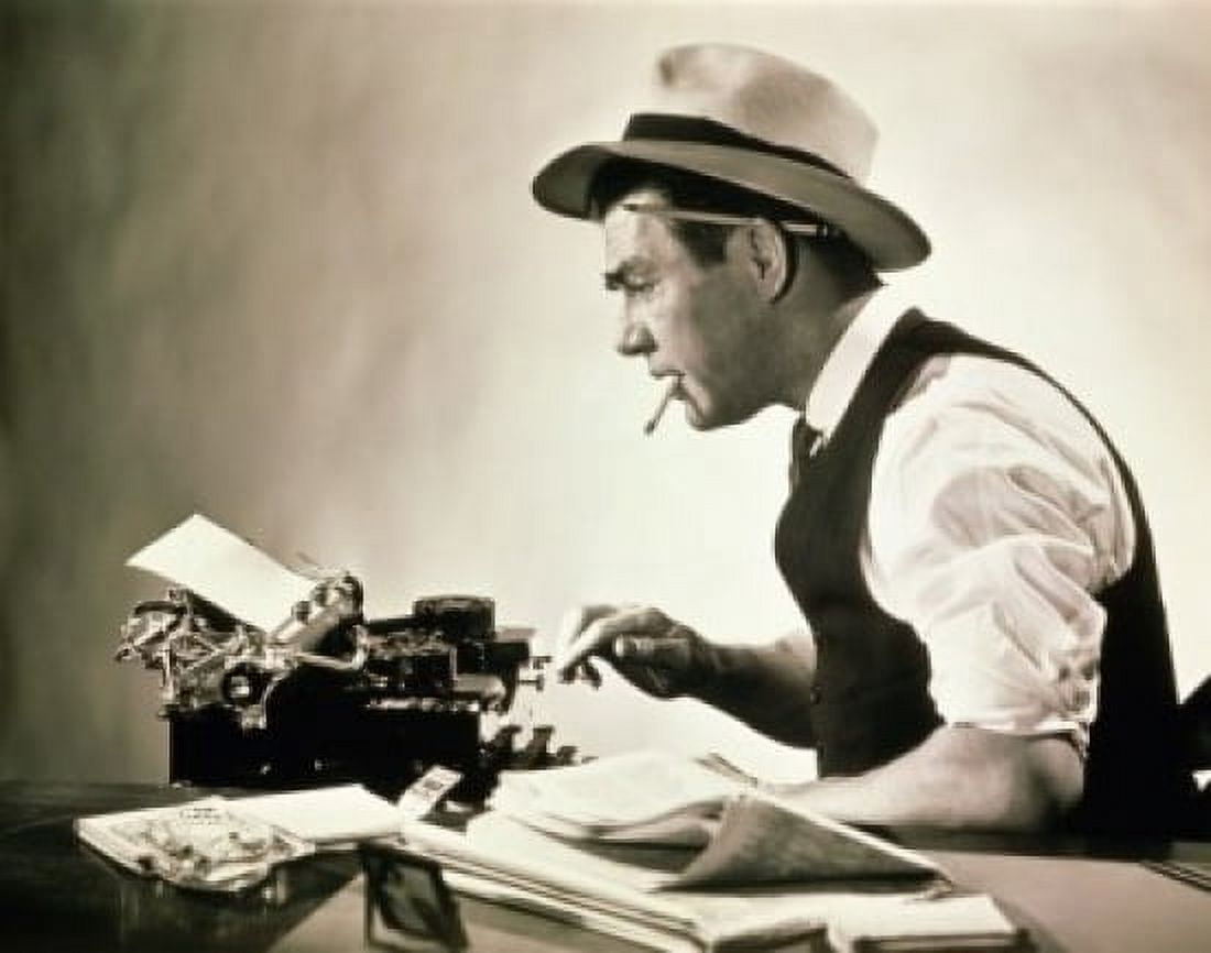 Side profile of a journalist typing on a typewriter Canvas Art - (18 x 24)