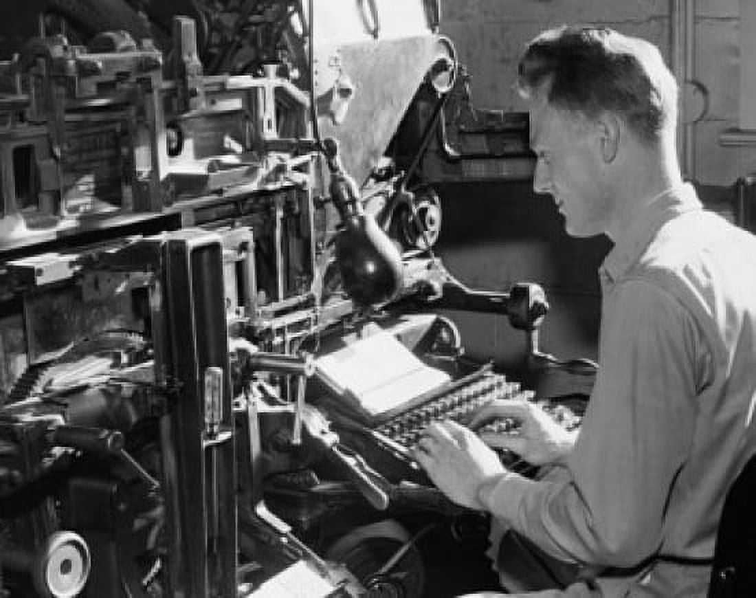 Side profile of a male worker operating a linotype machine Canvas Art - (18 x 24)