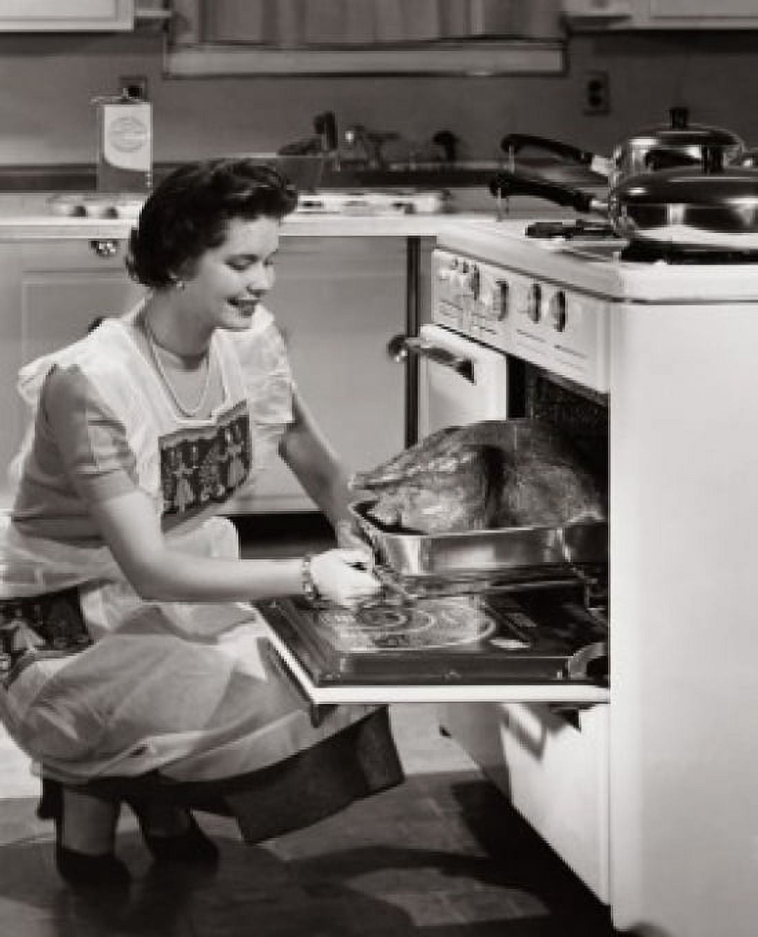 Side profile of a mid adult woman putting a turkey into an oven Canvas Art - (18 x 24)