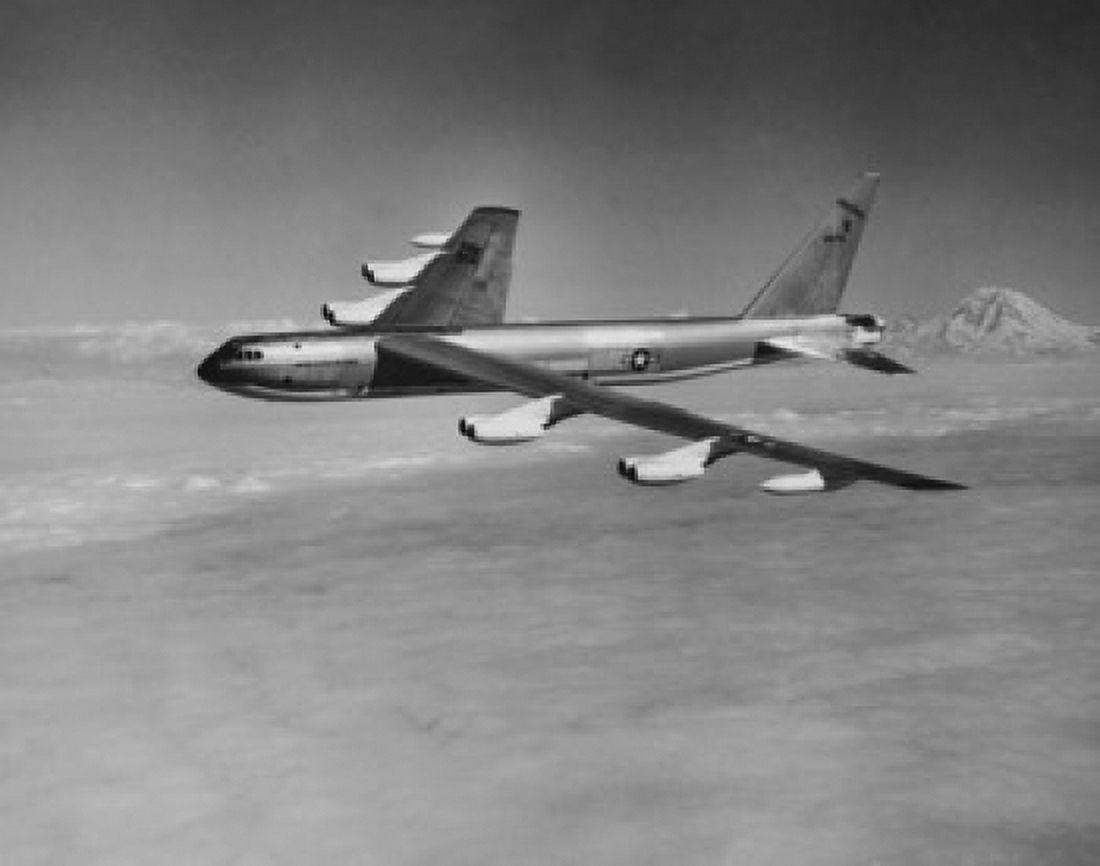 Side profile of a military airplane in flight B-52 Stratofortress Canvas Art - (18 x 24)