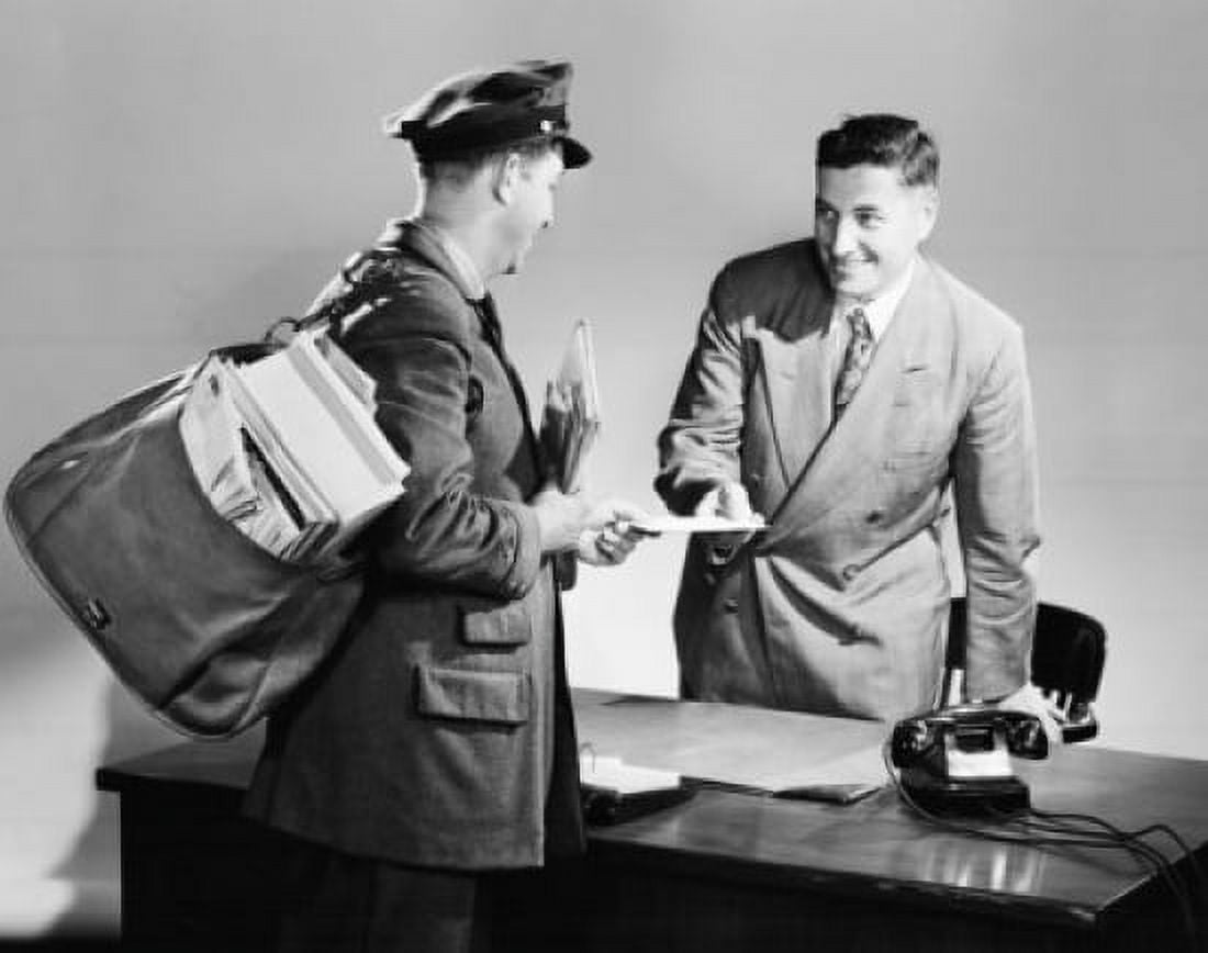 Side profile of a postman giving mail to a businessman Canvas Art - (18 x 24)