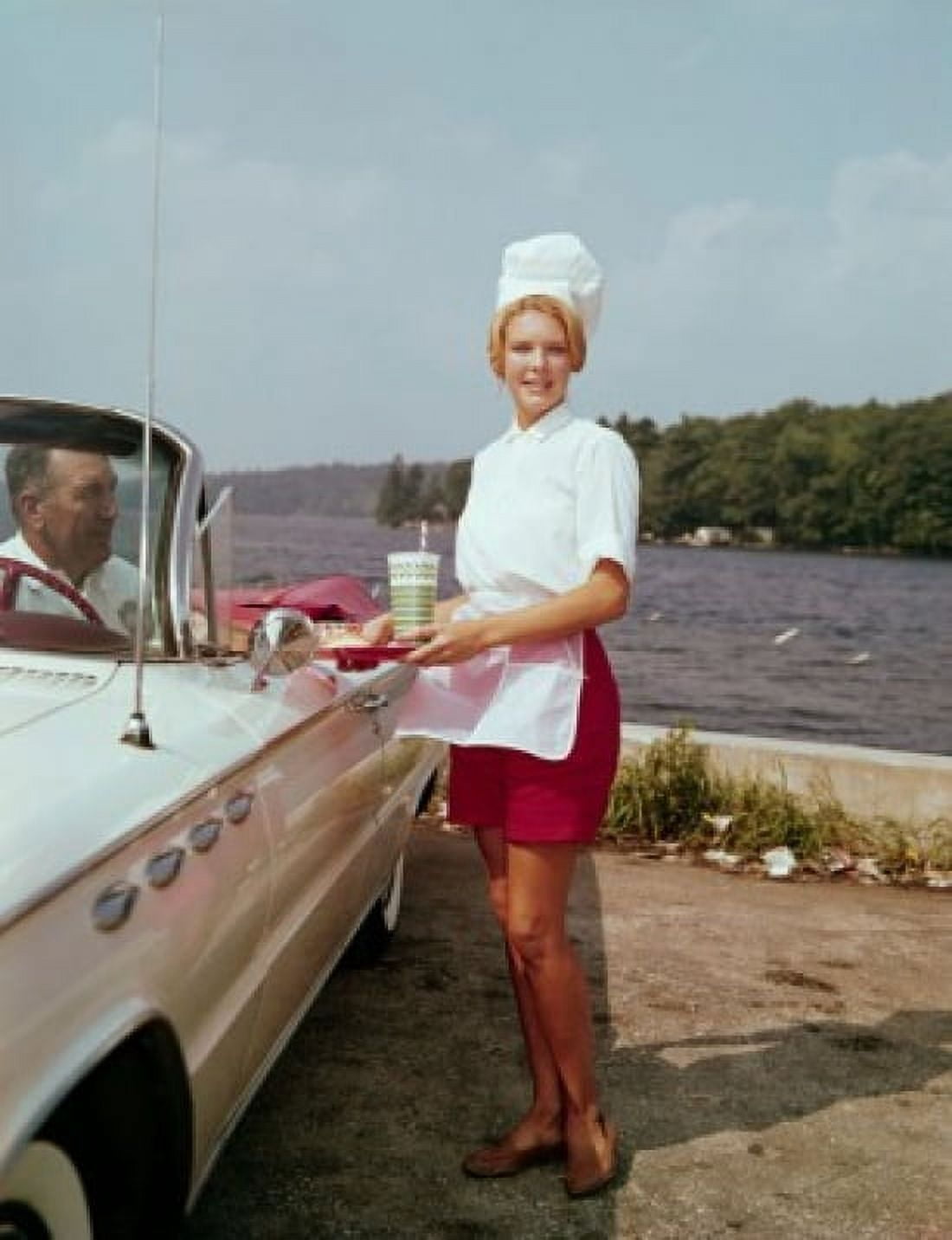 Side profile of a waitress serving food to a mature man sitting in a car Canvas Art - (18 x 24)