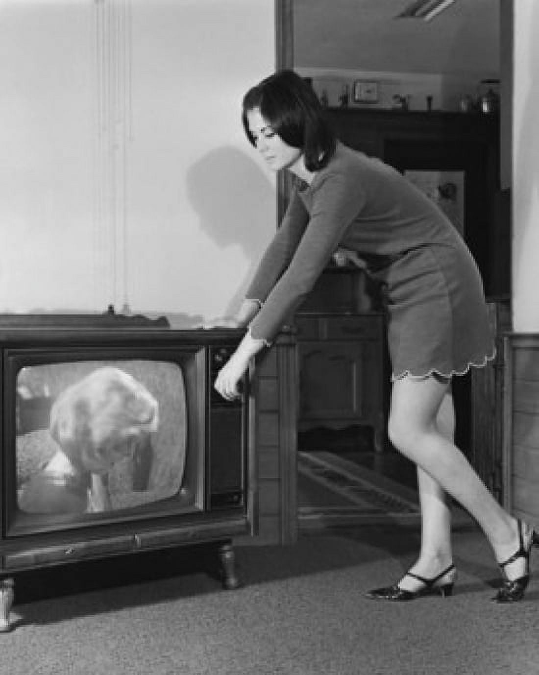 Side profile of a young woman changing channels of a television Canvas Art - (18 x 24)