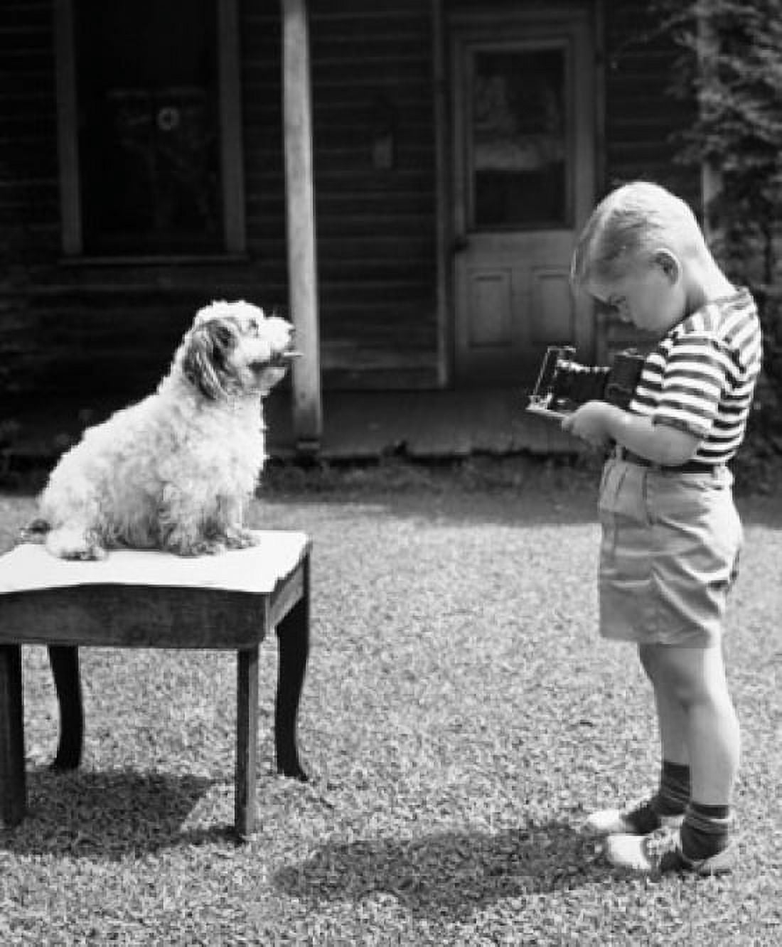 Side profile of boy taking photograph of his dog Canvas Art - (18 x 24)