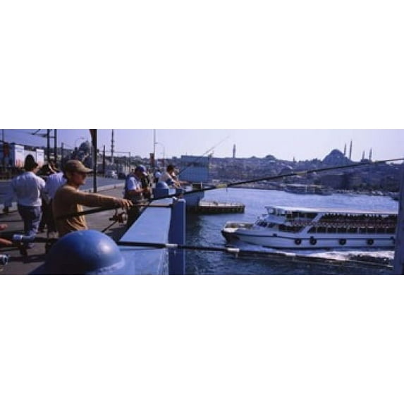 Side profile of fishermen fishing in a river, Galata Bridge, Istanbul, Turkey Poster Print (18 x 7)