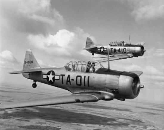 Side profile of two fighter planes in flight AT-6 Texan Canvas Art - (18 x 24)