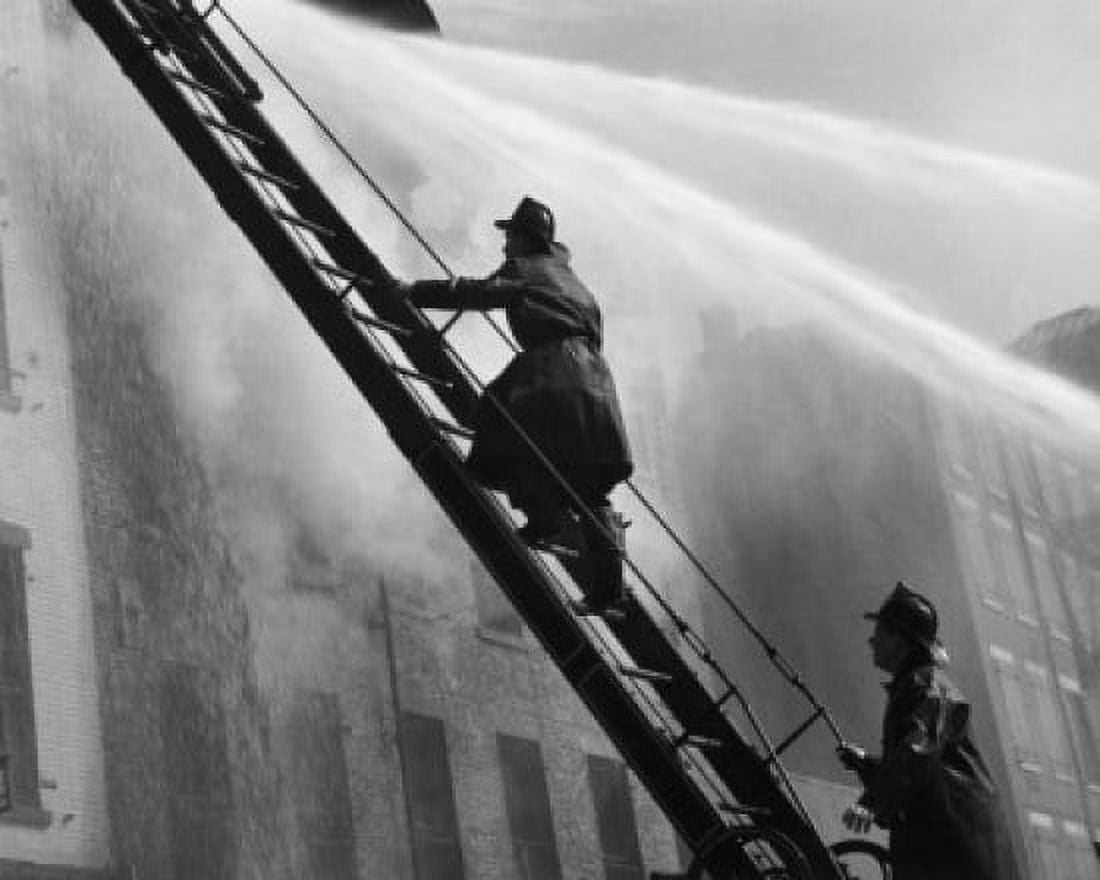 Side profile of two firemen climbing a ladder towards a burning building Canvas Art - (24 x 36)