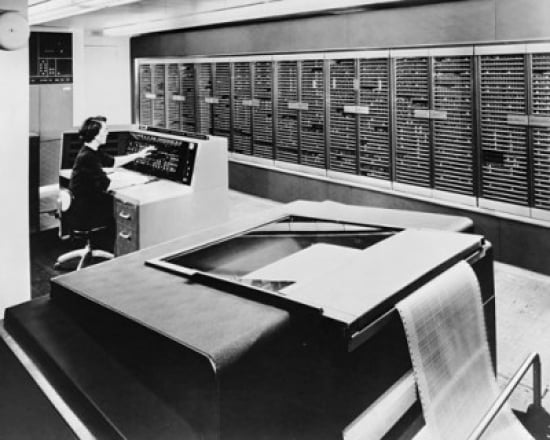 Side profile of a technician working on a computer IBM Naval Ordnance Research Calculator IBM Watson Laboratory Columbia University New York City New York State USA 1954 Canvas Art - (18 x 24)