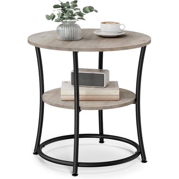Side table, double round side table, bedside table with steel frame,Gray