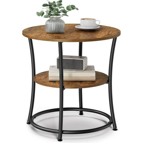 Side table, double round side table, bedside table with steel frame, brown