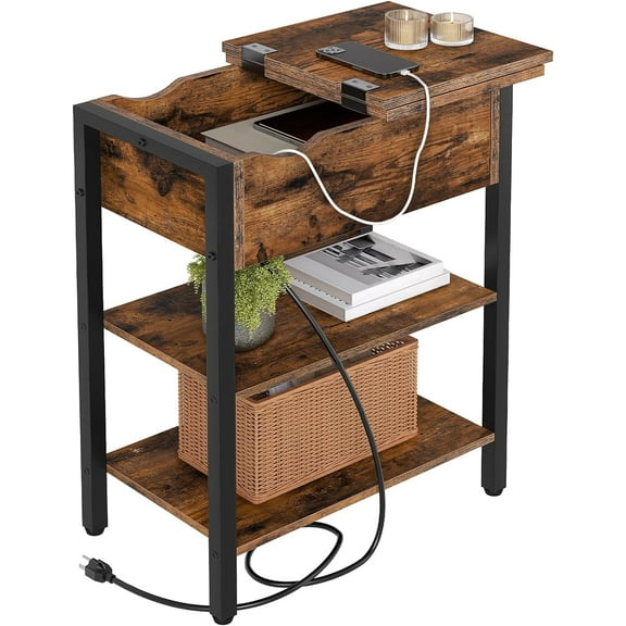 Side table with charging station, flip-top bedside table with USB ports and sockets, brown