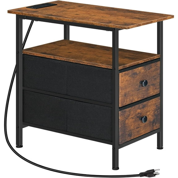Side table with charging station, narrow side table, bedside table with 2 non-woven drawers, black
