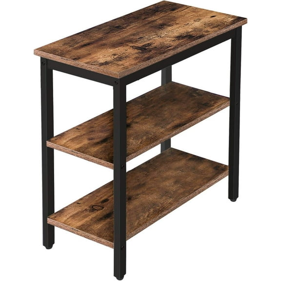 Side table with three-tier storage shelves, narrow bedside table for small spaces, brown
