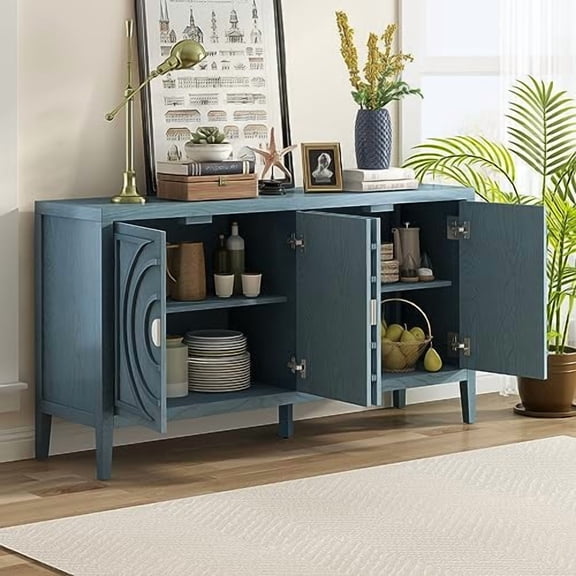 Sideboad Buffet Cabinet with 4 Doors, 60" Solid Wood Cabinet with Metal Handles and Legs, Coffee Bar Cabinet Console Table for Living Room Hallway, Navy Blue