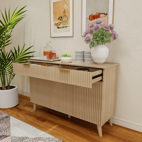 Sideboard with 2 Drawers 3 Doors Cabinet Wooden Side Cabinet Raised Legs Cutlery Storage Cabinet Wave Pattern TV Cabinet Coffee Bar Cabinet for Kitchen Living Room Entryway Brown