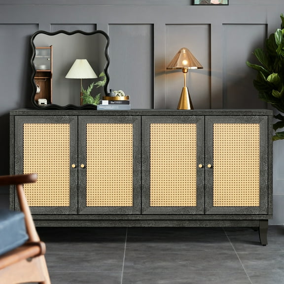 Sideboard With 4 Doors, American Design Living Room Storage Console Table, Handmade Grain Panels, Adjustable Shelves, Antique Dark Gray Modern Storage, Shelf,