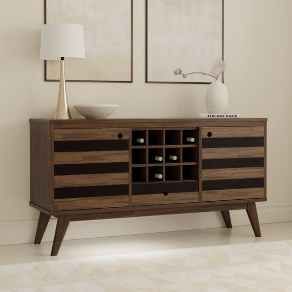 Sideboard, 60 inch Wide Solid Acacia Wood Buffet with 12-Bottle Wine Storage, Adjustable Shelves and Large Drawer, Rustic Natural Aged Brown Finish for Dining Room and Living Area