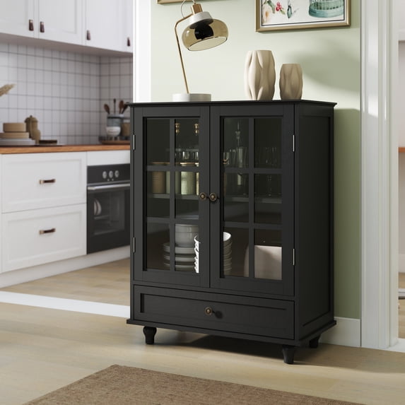 28" Buffet Cabinet, Wood Cupboard with Drawer, 2 Glass Doors, Adjustable Shelves, Modern Sideboard Storage Cabinet for Livng Room, Hallway, Entryway