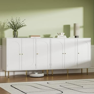 Sideboard Buffet with 3 Doors (2-Set), Coffee Bar Storage Cabinet with Adjustable Shelf, Arched Shaker Door, Accent Cabinet Console Table for Living Dining Room, White