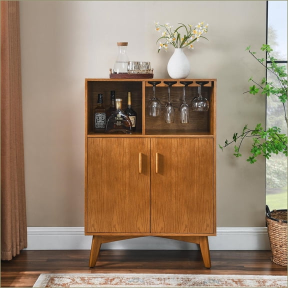 Sideboard Buffet, 31.5 Farmhouse Rustic Wine Cabinet with Wine Rack, Glass Holder & Adjustable Shelves | MDF | Solid Wood Feet
