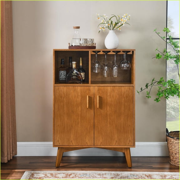 Sideboard Buffet | 31.5" Farmhouse Wine Cabinet with Wine Rack, Glass Holder & Adjustable Shelves | Coffee Bar Storage for Dining Room | MDF | Solid Wood Feet