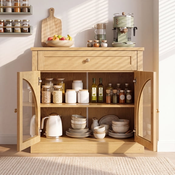 Sideboard Buffet Cabinet with 1 Drawer and 2 Arched Glass Doors, Adjustable Shelf, MDF Accent Storage for Entryway, Living Room, Dining Room, 31.8 in Wide