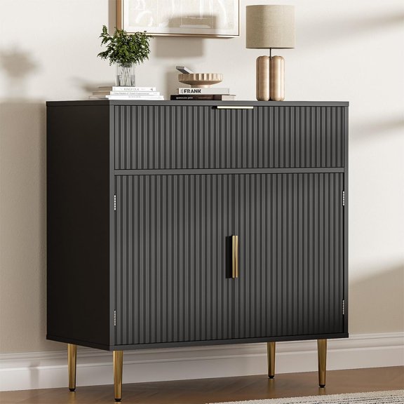 Sideboard Buffet Cabinet with 2 Doors & Drawer, Coffee Bar with Adjustable Shelves, Liquor Cabinet with Storage, Accent Cabinet Console Table for Living Dining Room, Black