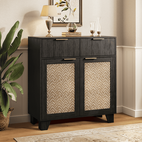 Sideboard Buffet Cabinet with 2 Drawers and 2 Doors, Boho Farmhouse Accent Credenza Coffee Bar Cabinets with Adjustable Shelves for Entryway Living Room, Black