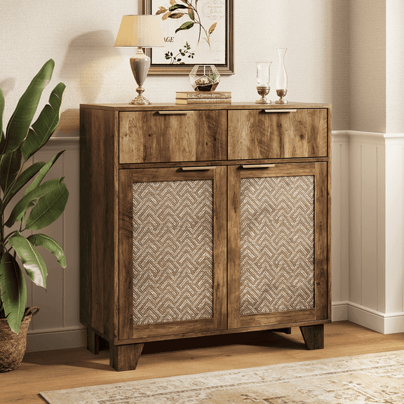 Sideboard Buffet Cabinet with 2 Drawers and 2 Doors, Boho Farmhouse Accent Credenza Coffee Bar Cabinets with Adjustable Shelves for Entryway Living Room, Brown
