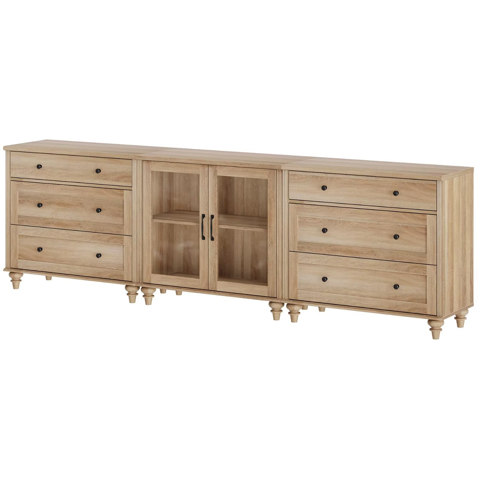 Sideboard Buffet Cabinet with 2 Glass Doors, 3-in-1 Kitchen Storage Cabinet, Wooden Coffee Bar Table with Adjustable Shelf & 6 Drawers for Dining Room, Living Room, and Bedroom, Oak