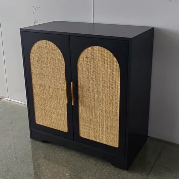 Sideboard Buffet Cabinet with 2 Rattan Decor Doors, Credenza Storage Coffee Bar Wine Bar Cabinet for Living Room, Kitchen, Dining Room, Entryway, Black