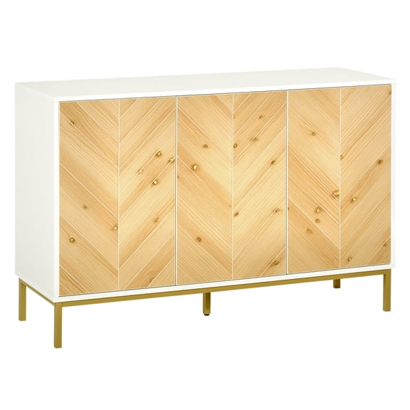 Sideboard Buffet Cabinet, 3 Door Coffee Bar Storage, Chevron Pattern, Adjustable Shelf, Metal Legs, Natural Wood -