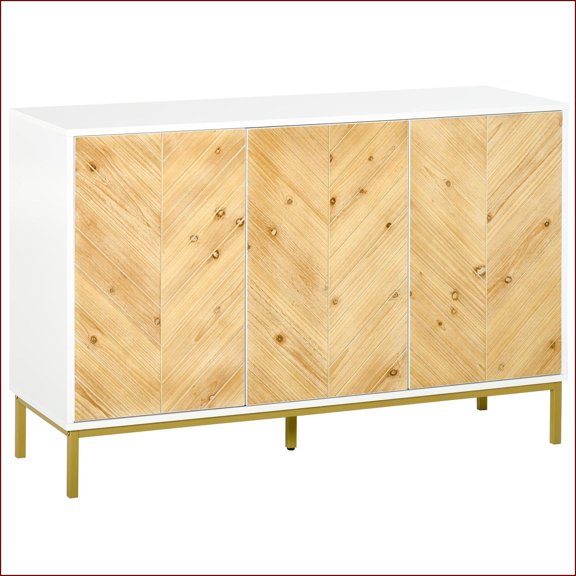 Sideboard Buffet Cabinet, 3 Door Modern Rustic Storage with Chevron & Adjustable Shelves | MDF + Steel Legs