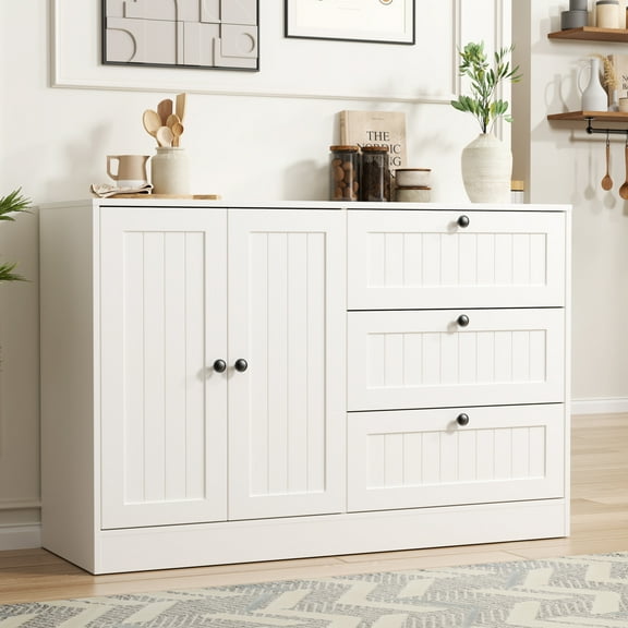 Sideboard Buffet Cabinet with 3 Drawers and Doors, 47" Large Farmhouse Kitchen Cabinet, Modern Accent Coffee Bar Wood Table for Living Room Dining Room, White
