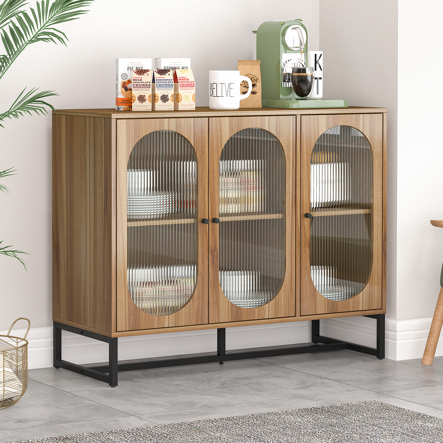 Sideboard Buffet with 3 Fluted Glass Doors, Modern Wood Kitchen Storage with