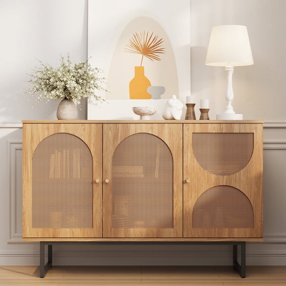 Sideboard Buffet Cabinet with 3 Rattan Doors, 47.2” Kitchen Storage Cabinet with Adjustable Shelf and Metal Legs for Dining Living Room, Hallway, Entryway, Beige