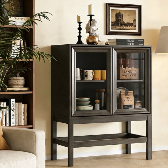 HMstone Sideboard Buffet Cabinet 31"W Storage Cabinet with 2 Glass Press-to-Open Doors, Coffee Bar Cabinet Buffet Table with Shelves for Kitchen, Living Room, Dark Brown