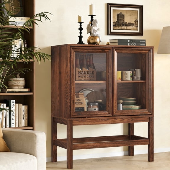 HMstone Sideboard Buffet Cabinet 31"W Storage Cabinet with 2 Glass Press-to-Open Doors, Coffee Bar Cabinet Buffet Table with Shelves for Kitchen, Living Room, Walnut