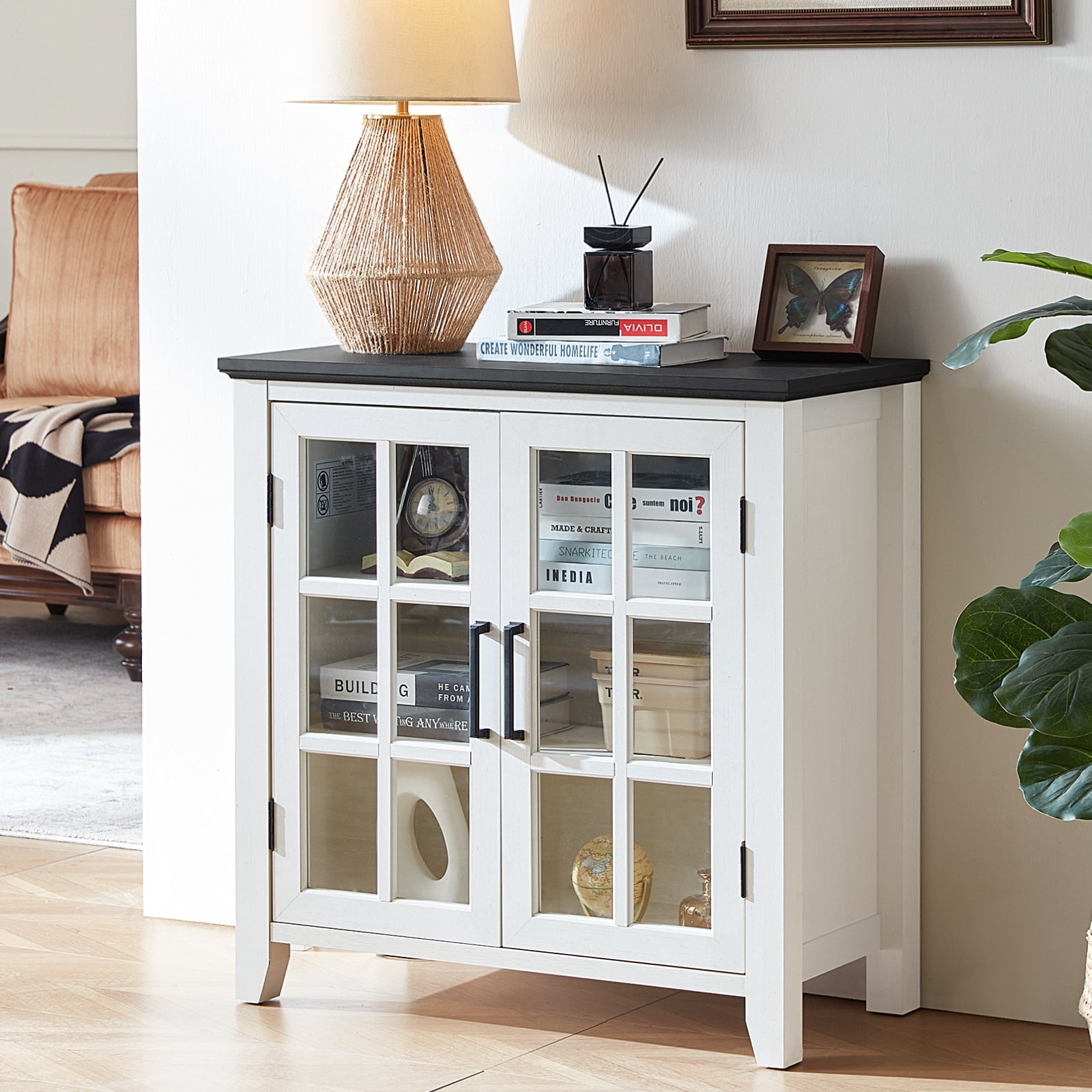 Joaxswe Sideboard Buffet Bar Cabinet Farmhouse 2 Glass Doors Coffee Wine White 32 Inch