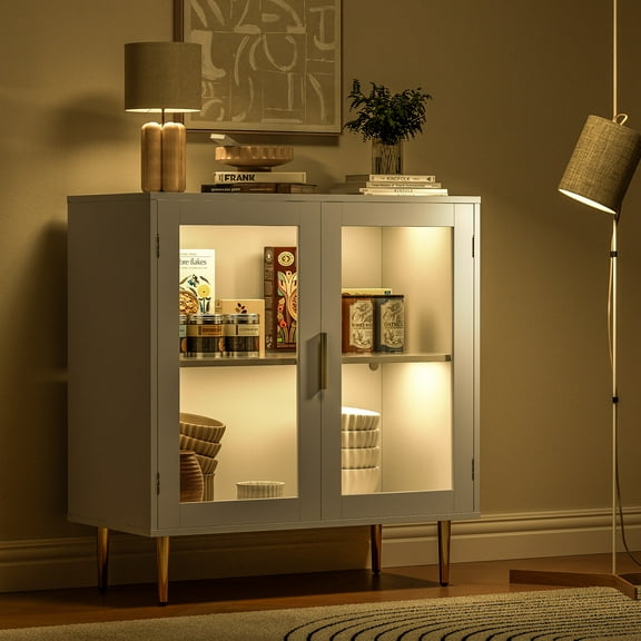 Sideboard Buffet Cabinet 32" Modern Storage Cabinet with Adjustable Shelf, Coffee Bar Cabinet with 2 Doors Acrylic for Living Room, Kitchen, White